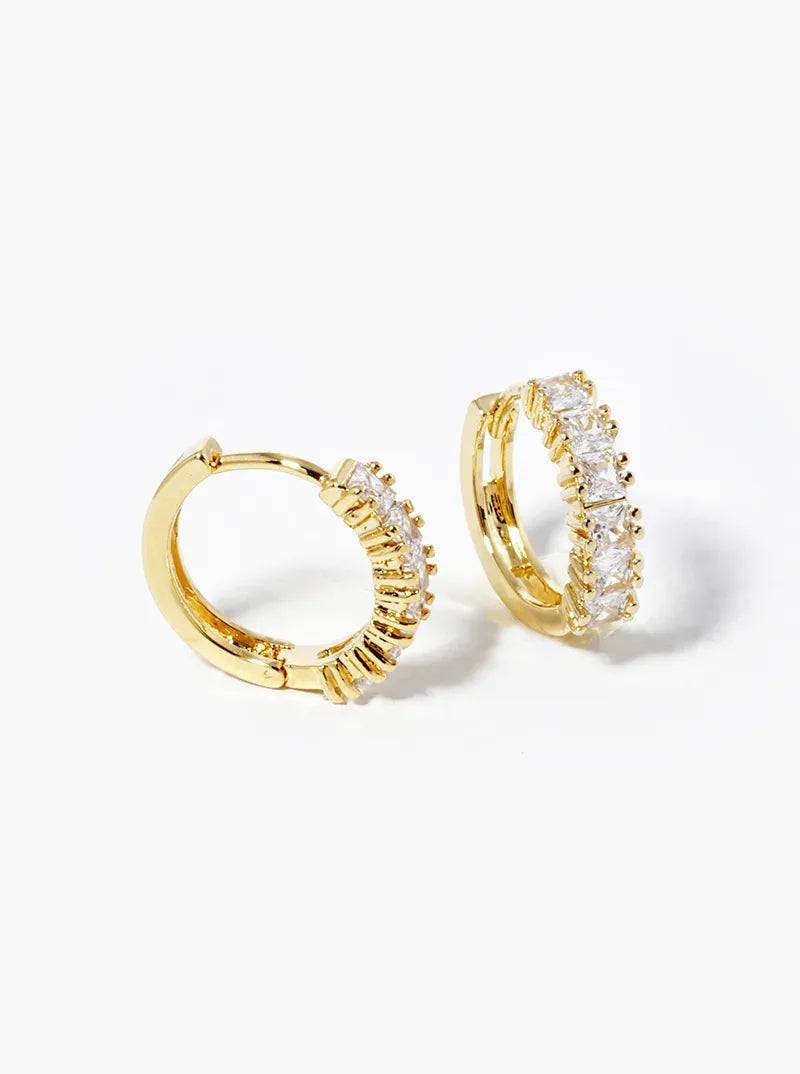 White Gold Dipped Square CZ Pave 12mm Huggie Hoop Earrings