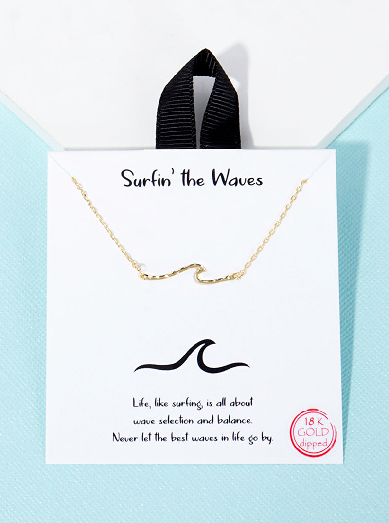 White Gold Dipped Textured Metal Wave Pendant Necklace