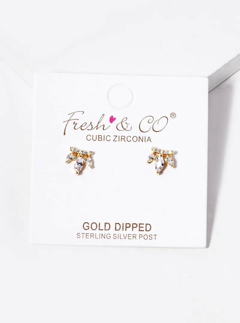 18k Gold Dipped Three Marquise CZ Stones Drop Post Stud Earrings