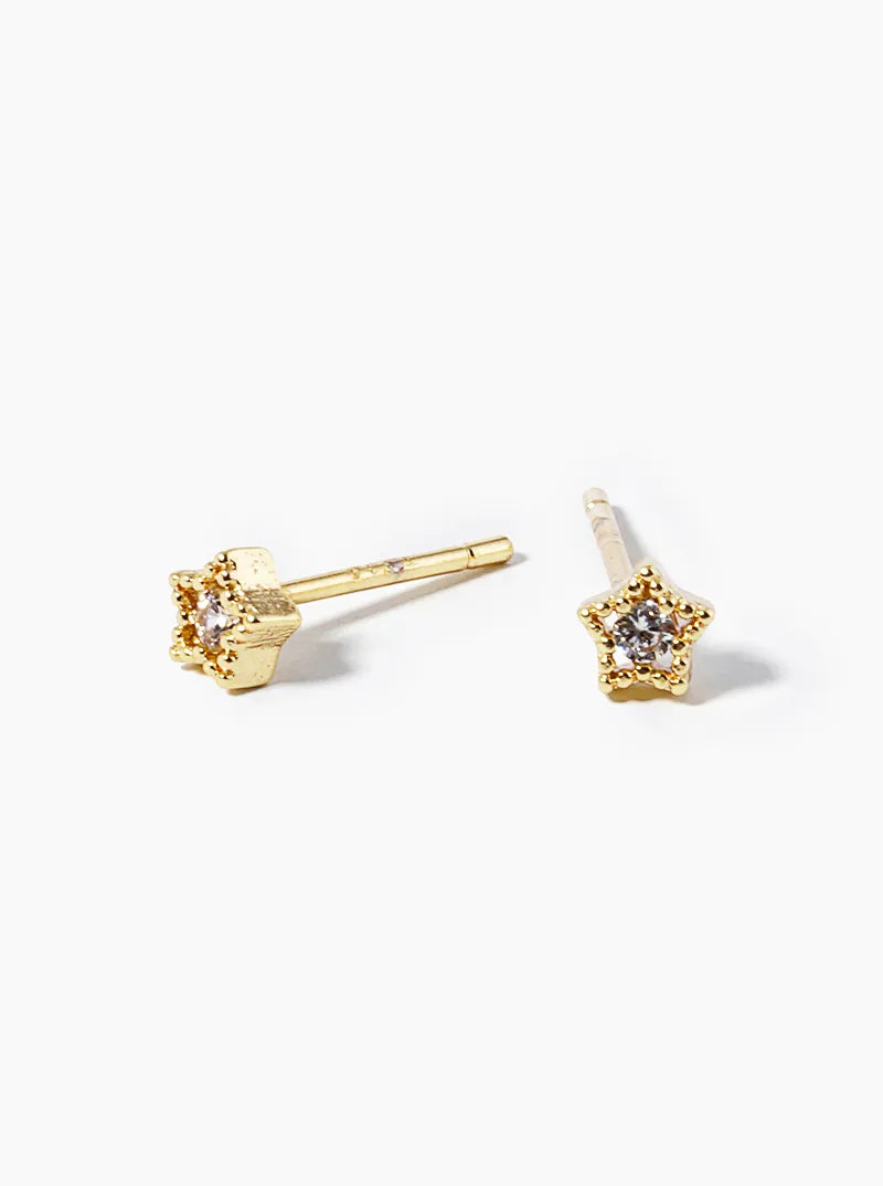 White Gold Dipped Tiny Star With CZ Stone Post Stud Earrings