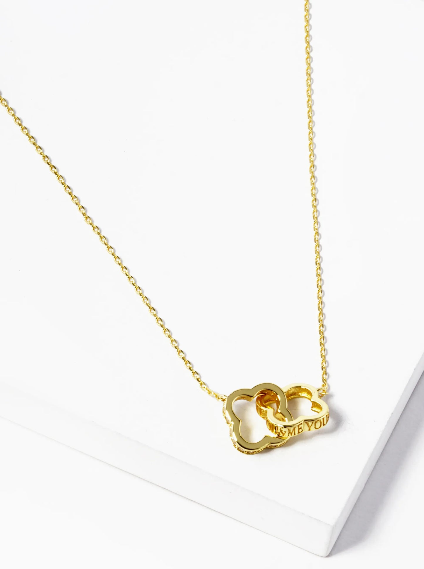 White Gold Dipped You And Me Engraved CZ Pave Interlocking Quatrefoil Pendant Necklace