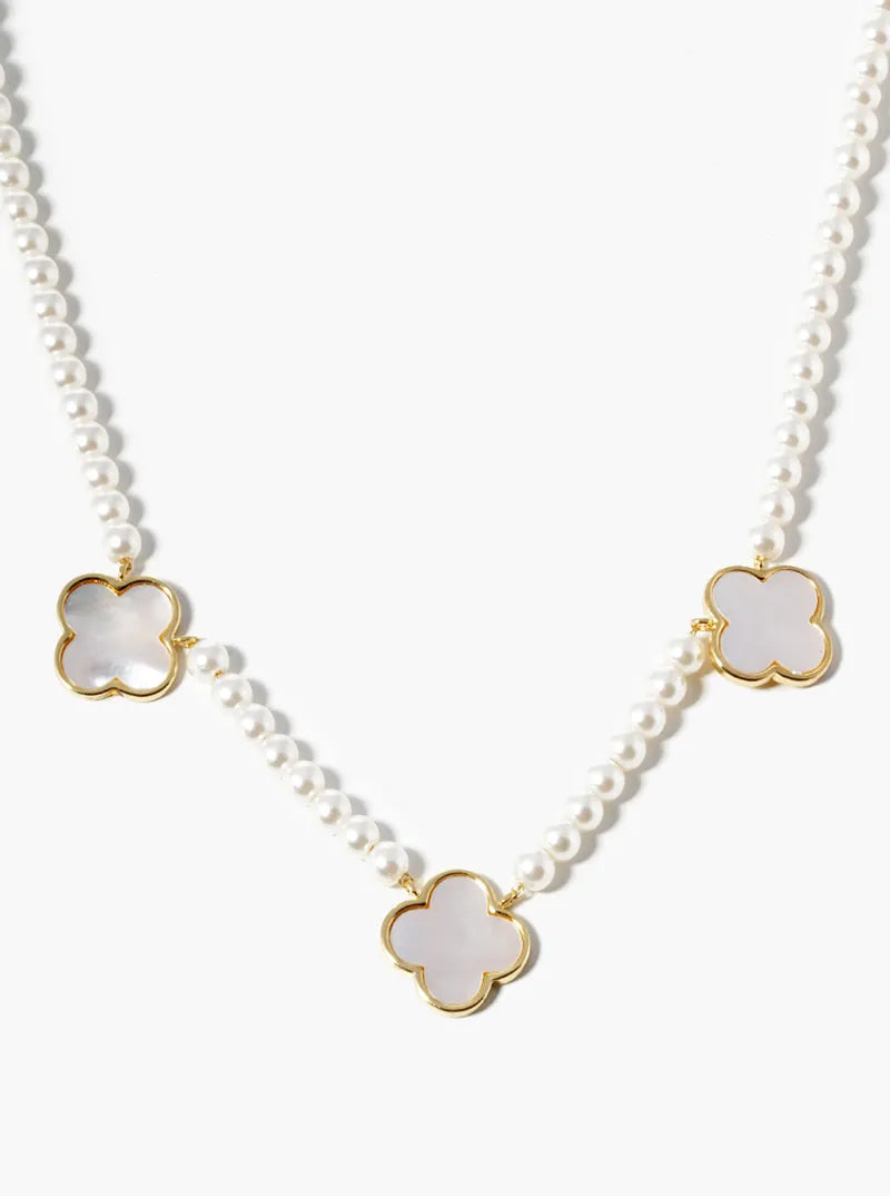 White Gold Dipped 12mm Mother Of Pearl Quatrefoil Pendant Necklace