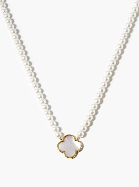 White Gold Dipped 12mm Mother Of Pearl Quatrefoil Pendant Necklace