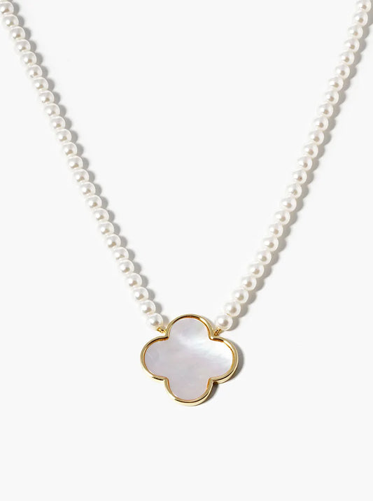 White Gold Dipped 12mm Mother Of Pearl Quatrefoil Pendant Necklace