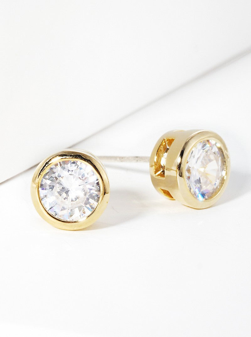 18k Gold Dipped 6mm Round Bezel CZ Sterling Silver Post Stud Earrings