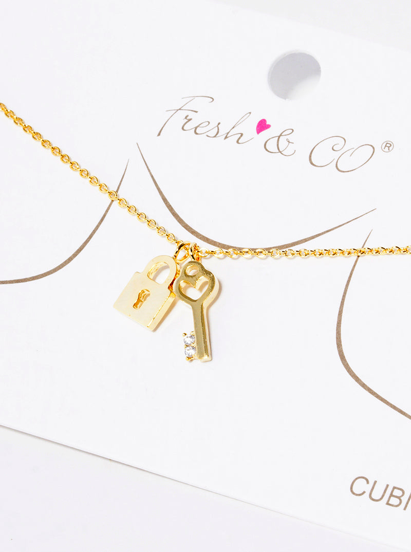 18k Gold Dipped CZ Padlock And Heart Key Pendant Delicate Necklace