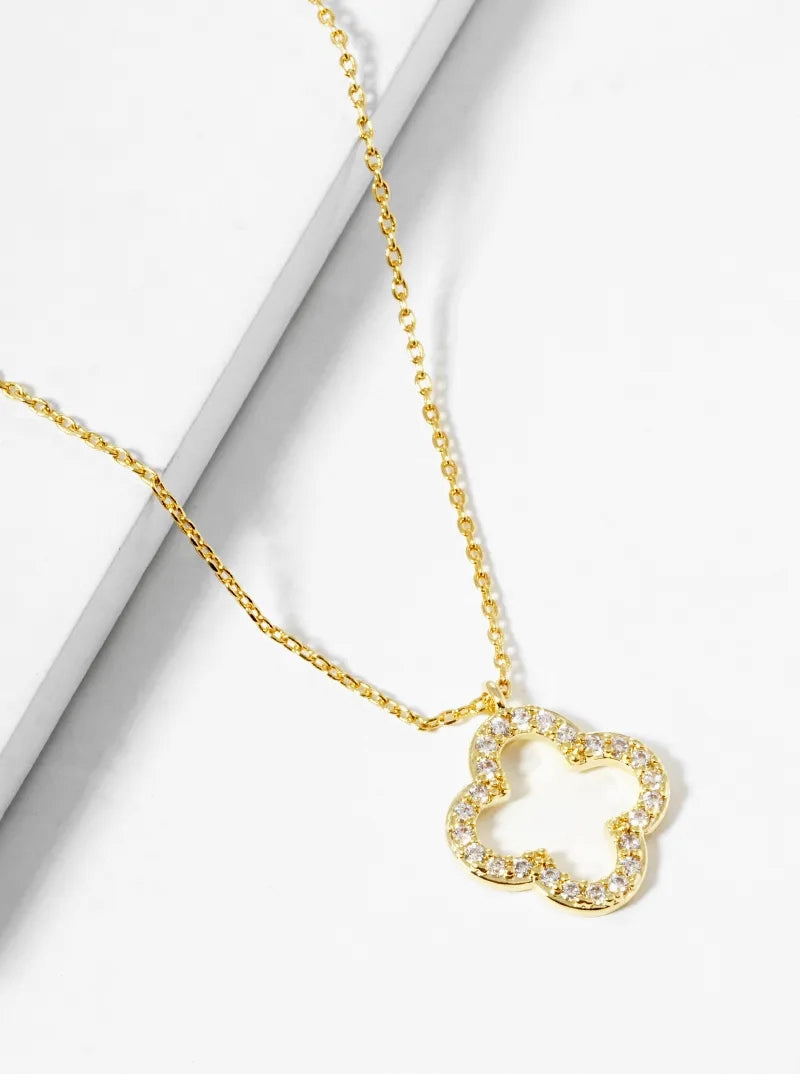 White Gold Dipped CZ Pave 15mm Quatrefoil Pendant Necklace