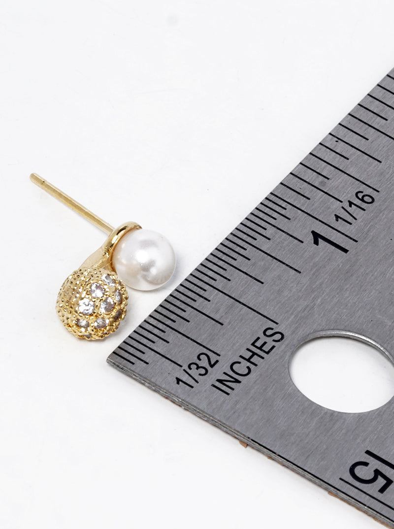 18k Gold Dipped CZ Pave Ball Drop Pearl Post Stud Earrings