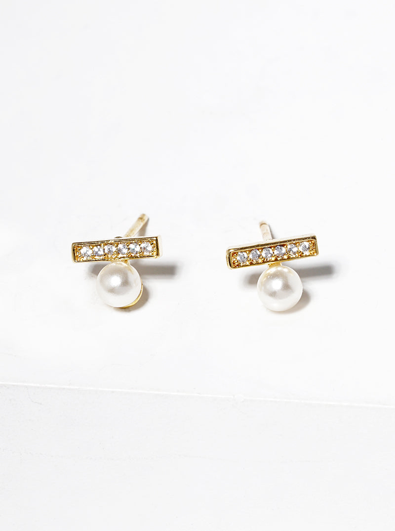 White Gold Dipped CZ Pave Bar With Pearl Post Stud Earrings