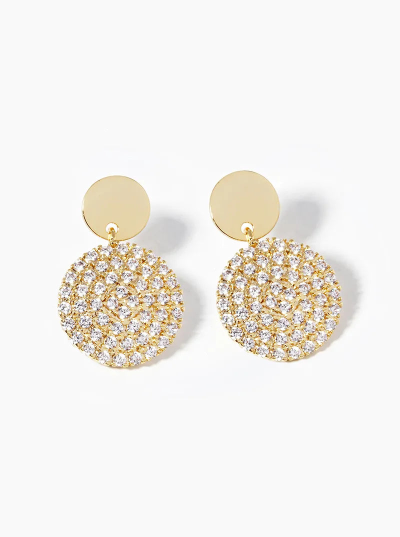 18k Gold Dipped CZ Pave Circle Drop Dangle Post Earrings