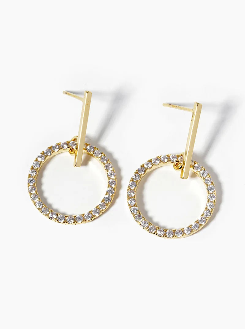 18k Gold Dipped CZ Pave Circle Drop Delicate Dangle Post Earrings