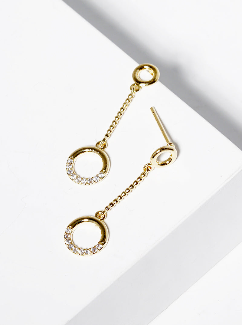 White Gold Dipped CZ Pave Circle Drop Post Earrings