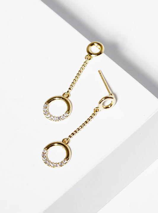 White Gold Dipped CZ Pave Circle Drop Post Earrings