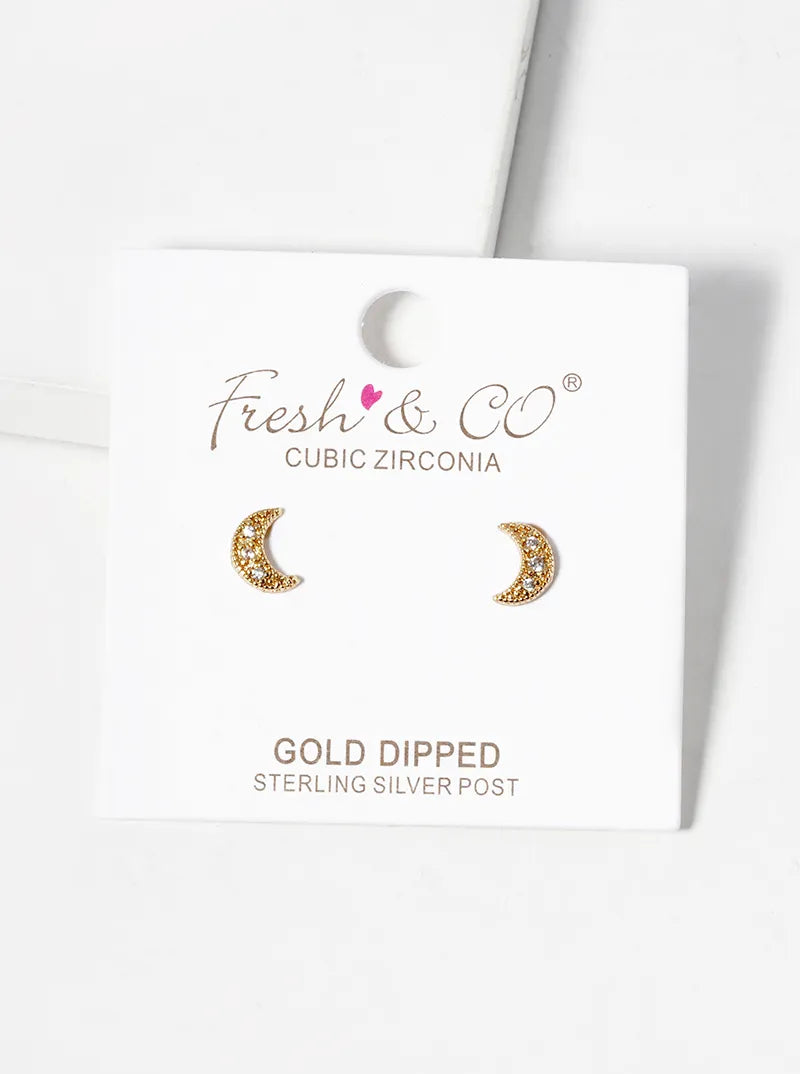 18k Gold Dipped CZ Pave Crescent Moon Post Stud Earrings