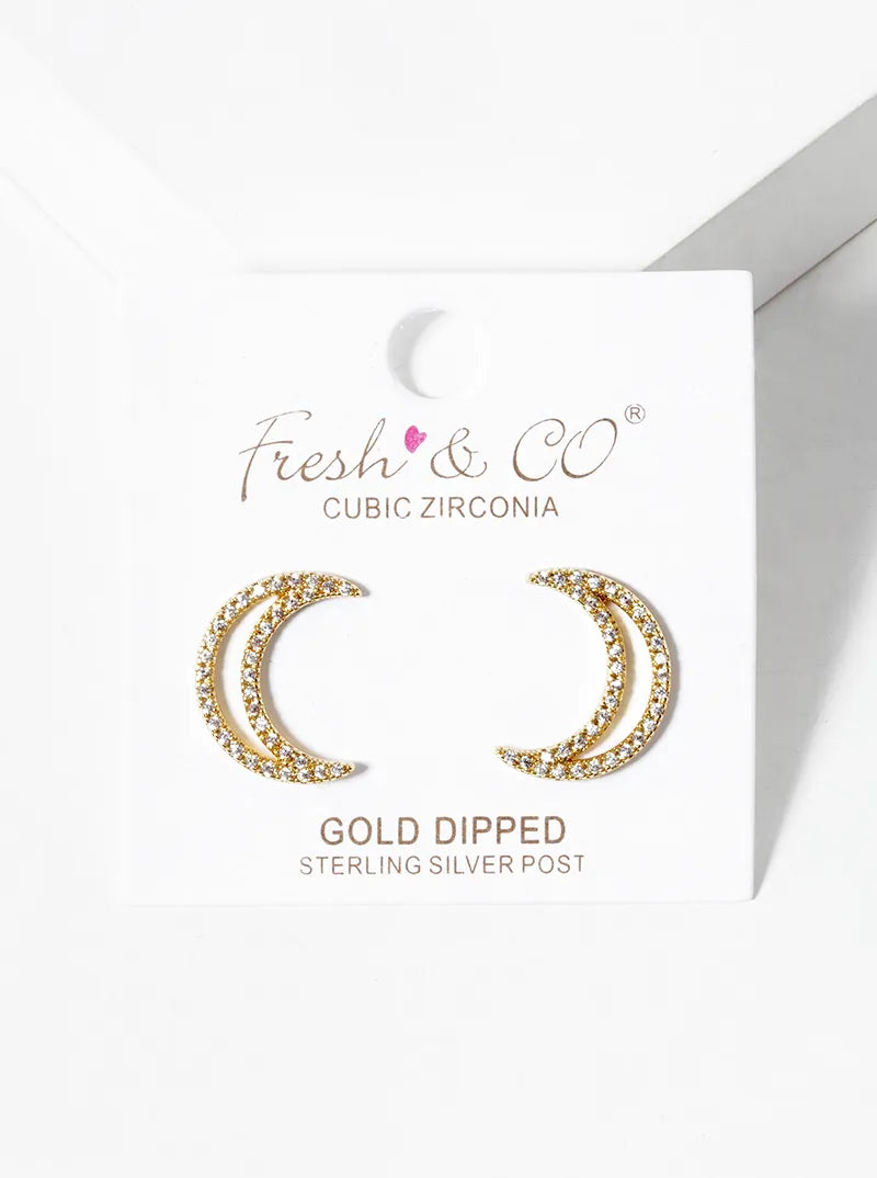 18k Gold Dipped CZ Pave Crescent Moon Post Stud Earrings