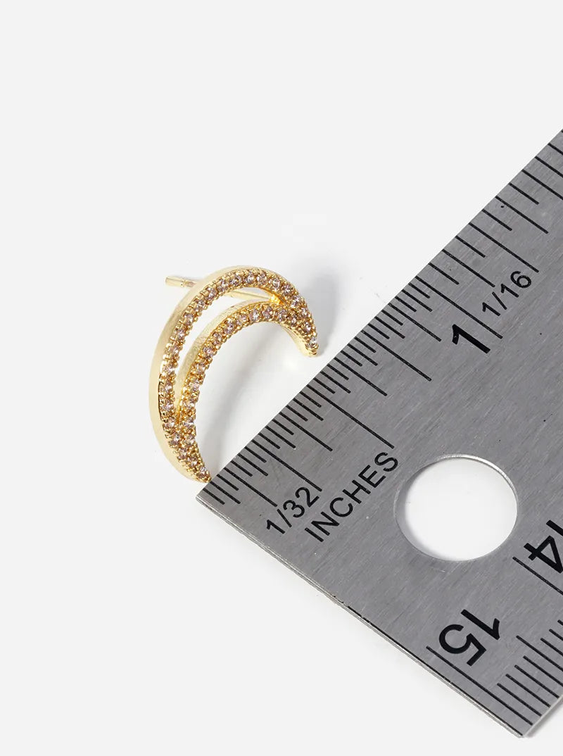 18k Gold Dipped CZ Pave Crescent Moon Post Stud Earrings