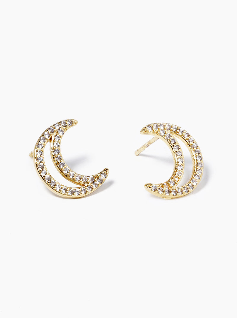 White Gold Dipped CZ Pave Crescent Moon Post Stud Earrings