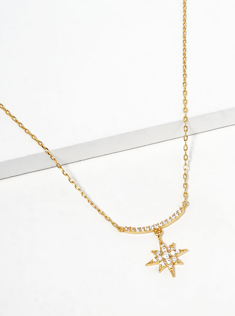 White Gold Dipped CZ Pave Curved Bar And Starburst Pendant Delicate Necklace