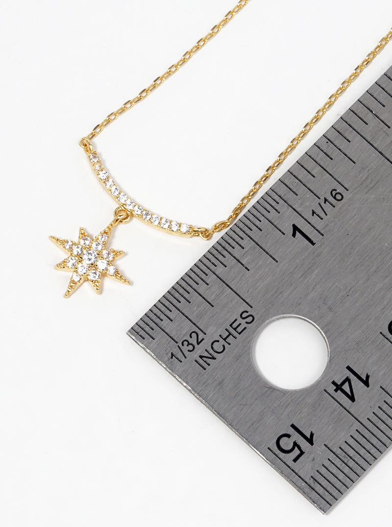 18k Gold Dipped CZ Pave Curved Bar And Starburst Pendant Delicate Necklace