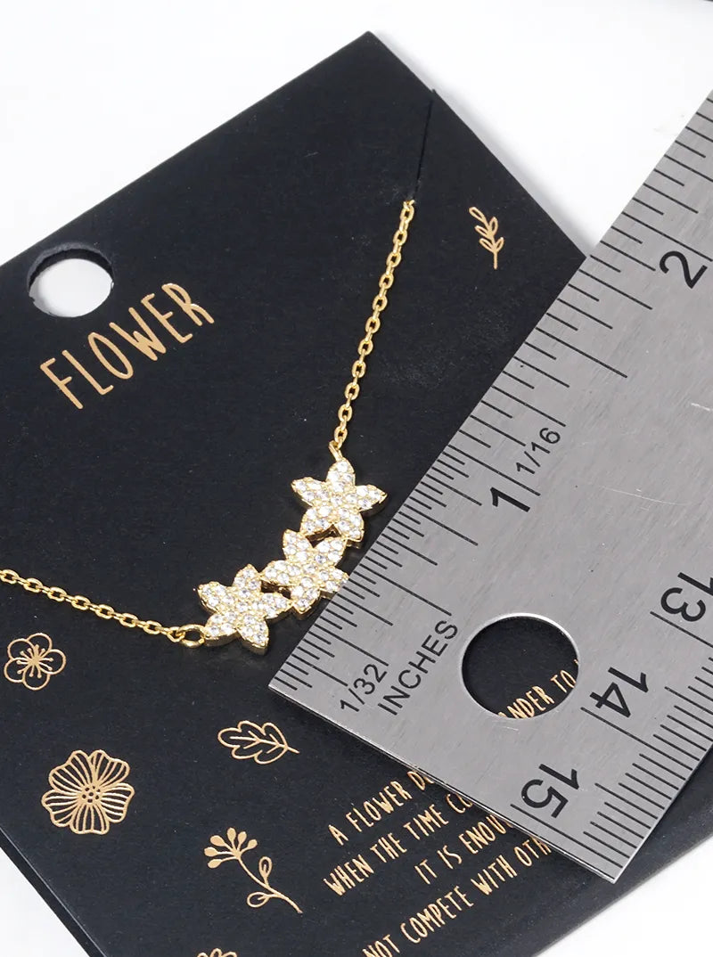 18k Gold Dipped CZ Pave Dainty Three Flower Pendant Necklace