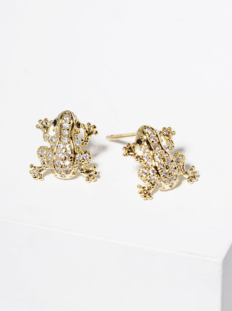 White Gold Dipped CZ Pave Frog Post Stud Earrings