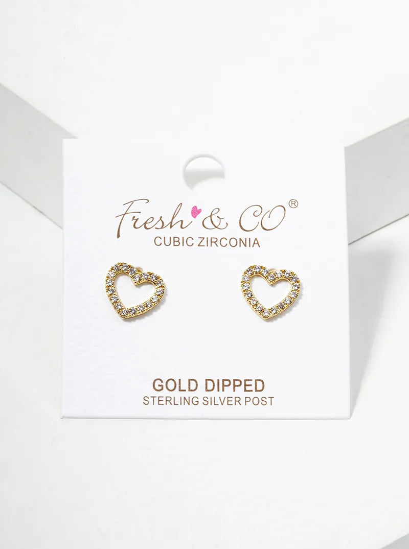 White Gold Dipped CZ Pave Double Pixel Heart Dangle Post Earrings