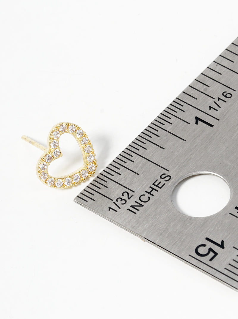 White Gold Dipped CZ Pave Double Pixel Heart Dangle Post Earrings