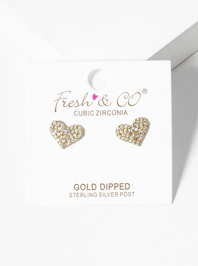 18k Gold Dipped CZ Pave Heart Post Stud Earrings