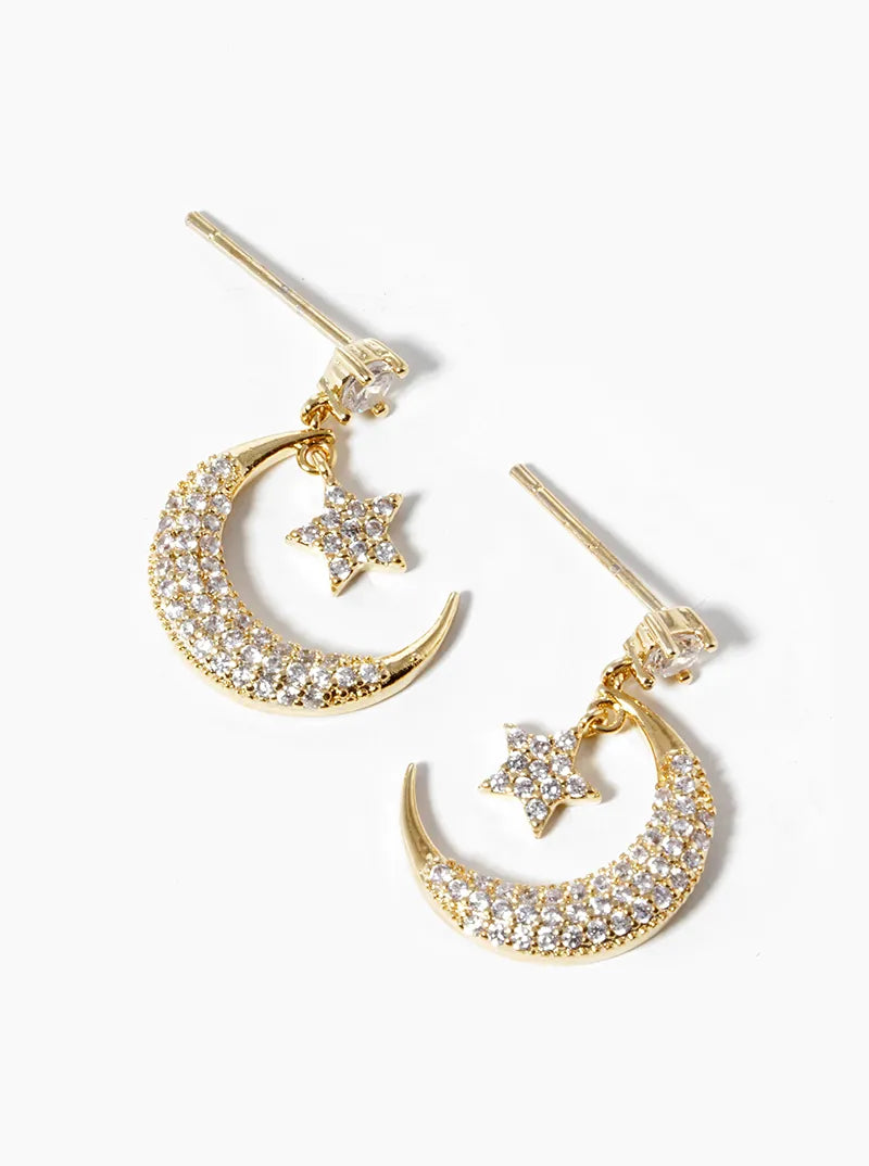 White Gold Dipped CZ Pave Moon And Star Drop Dangle Post Earrings