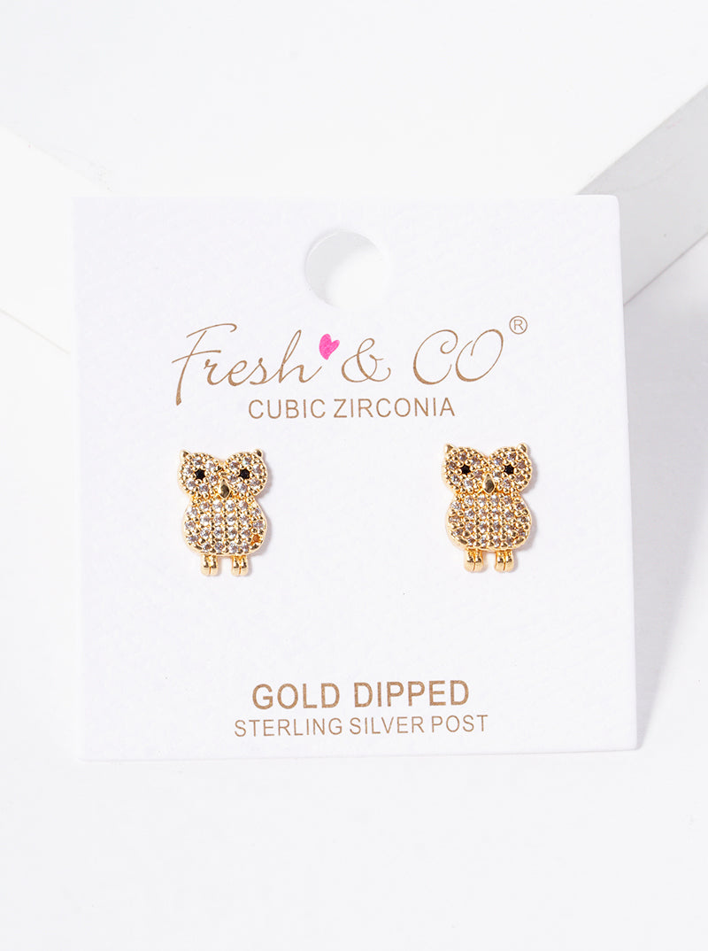 18k Gold Dipped CZ Pave Owl Post Stud Earrings