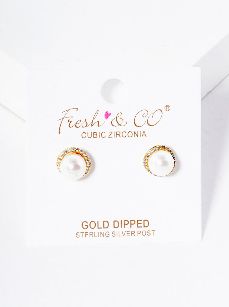 18k Gold Dipped CZ Pave Pearl Post Stud Earrings
