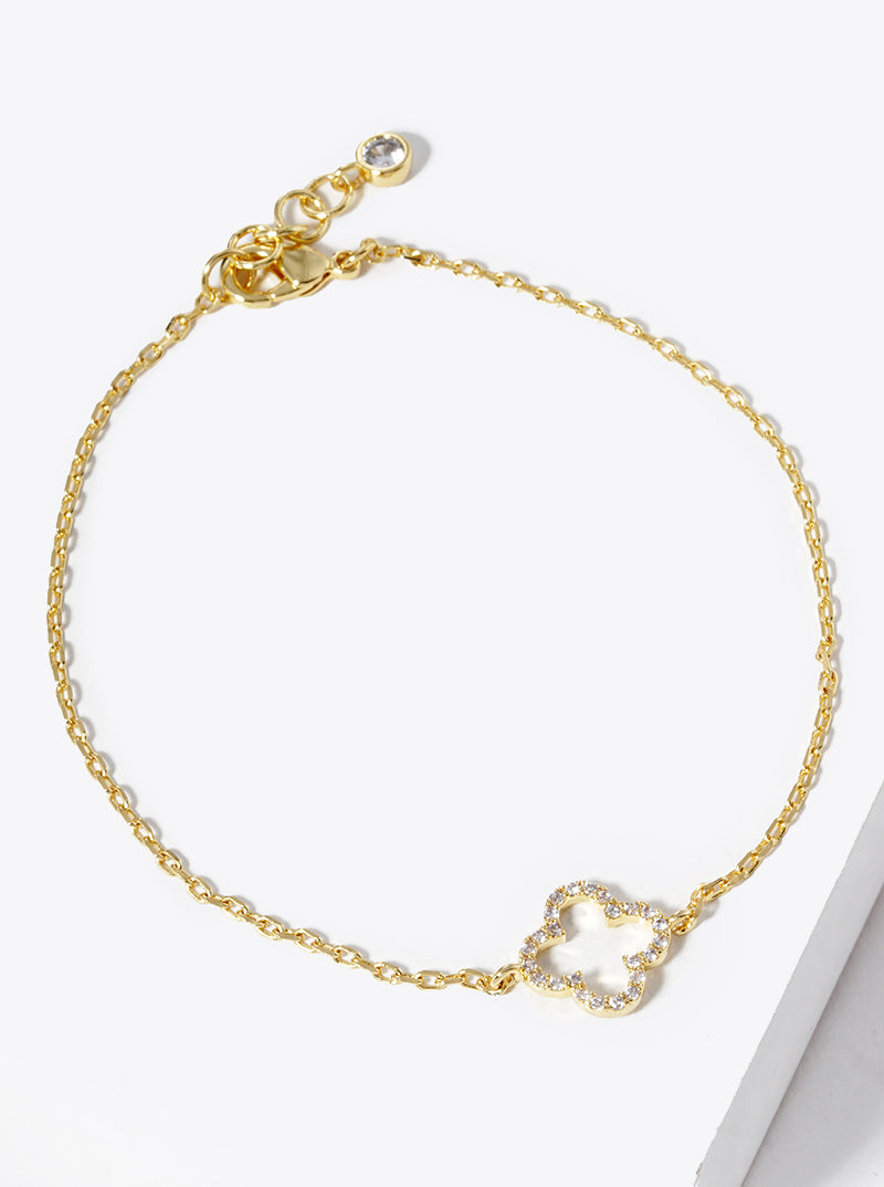 White Gold Dipped CZ Pave Quatrefoil Bracelet