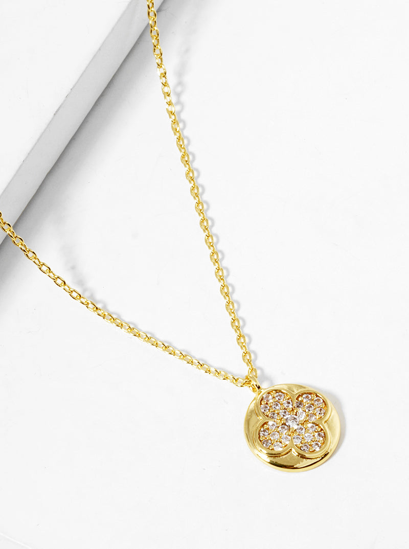 White Gold Dipped CZ Pave Quatrefoil Round Pendant Necklace