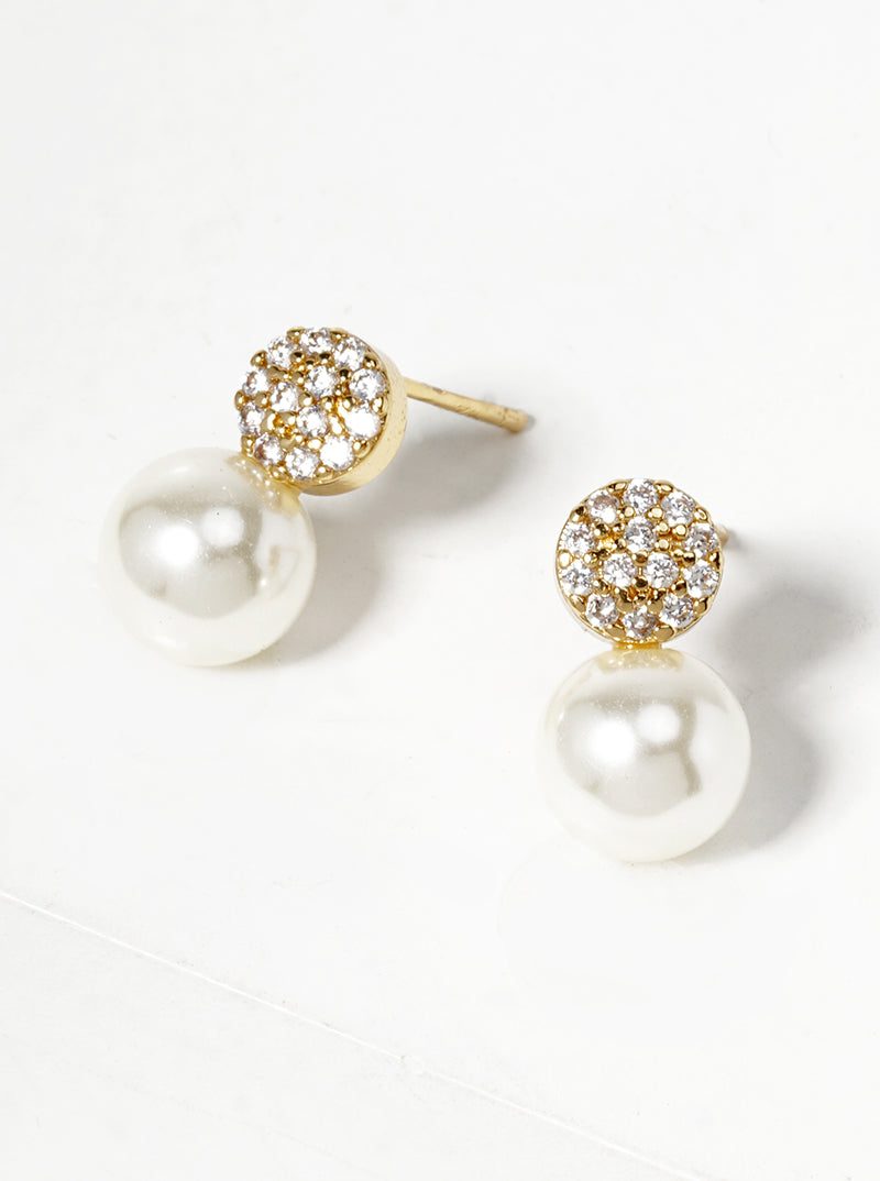 White Gold Dipped CZ Pave Round Glass Pearl Post Stud Earrings
