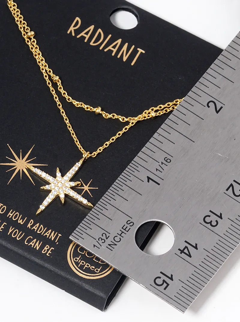 18k Gold Dipped CZ Pave Starburst Pendant Double Layered Necklace