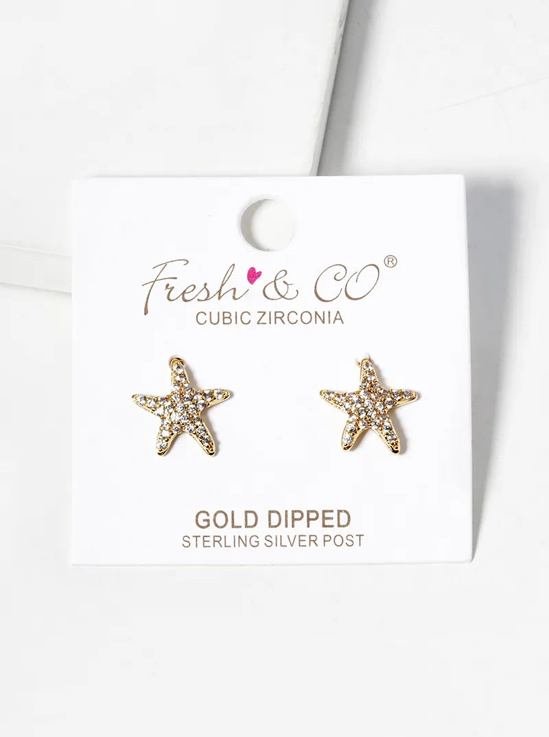 18k Gold Dipped CZ Pave Starfish Post Stud Earrings