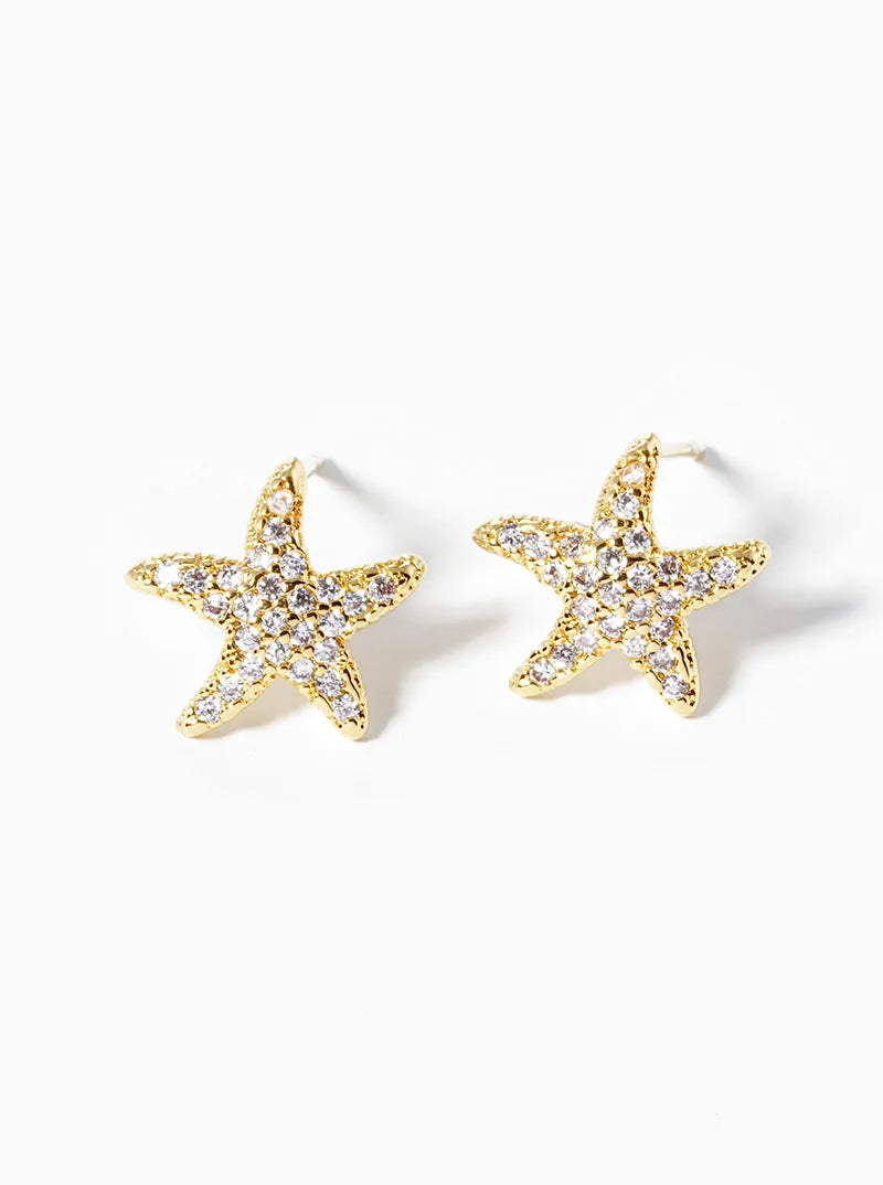White Gold Dipped CZ Pave Starfish Post Stud Earrings