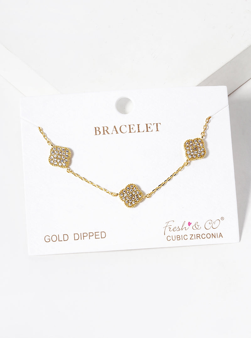 White Gold Dipped CZ Pave Three Quatrefoil Bracelet
