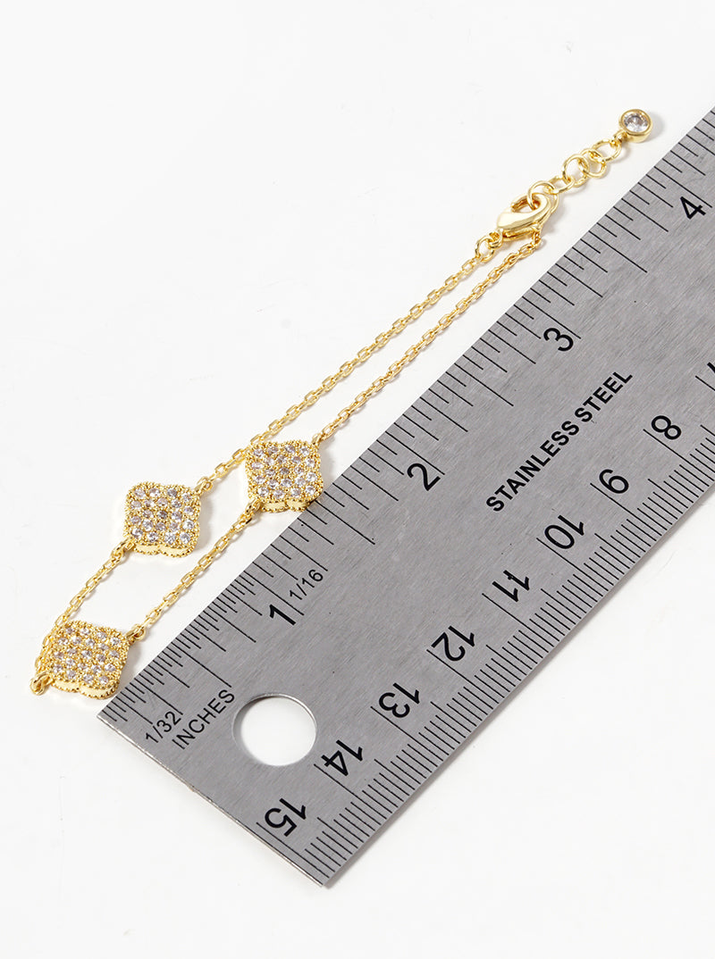 White Gold Dipped CZ Pave Three Quatrefoil Bracelet