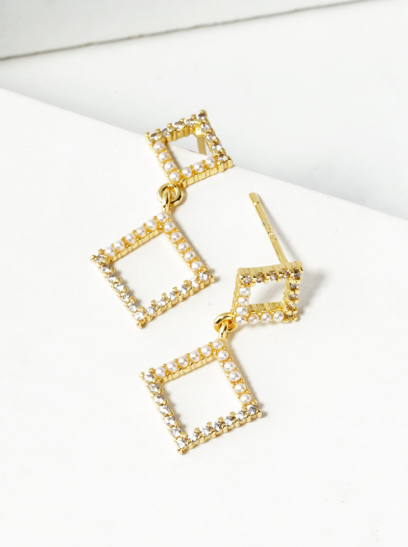 White Gold Dipped CZ Pearl Bead Pave Double Rhombus Dangle Post Earrings