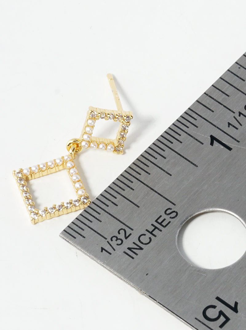 18k Gold Dipped CZ Pearl Bead Pave Double Rhombus Dangle Post Earrings