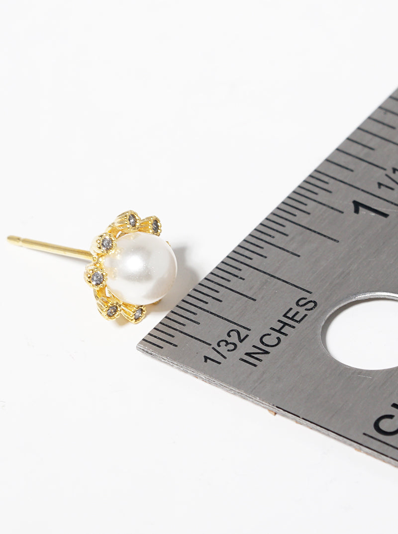 18k Gold Dipped CZ Pearl Flower Post Stud Earrings
