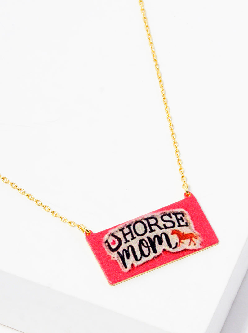 White Gold Dipped Horse Mom Printed Rectangle Pendant Necklace