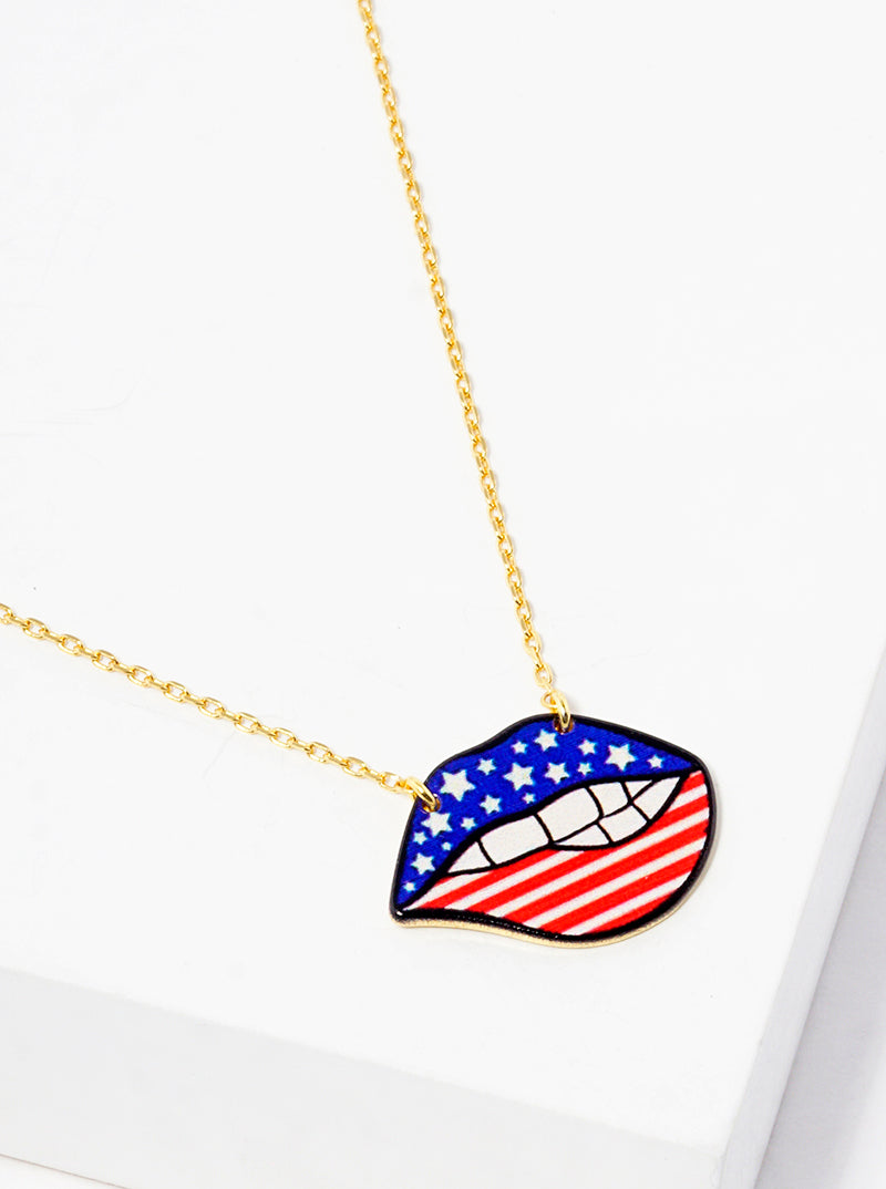 White Gold Dipped US Flag Pattern Lips Printed Pendant Necklace