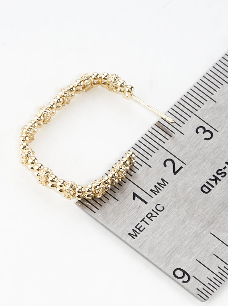 18k Gold Dipped Ball Textured Metal Rectangle 25mm Open Hoop Earrings