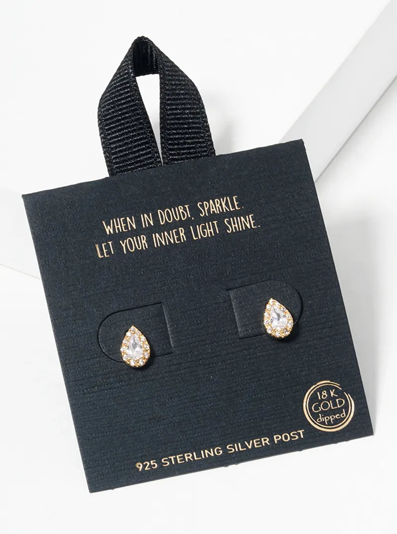 White Gold Dipped Delicate CZ Pave Teardrop Post Stud Earrings