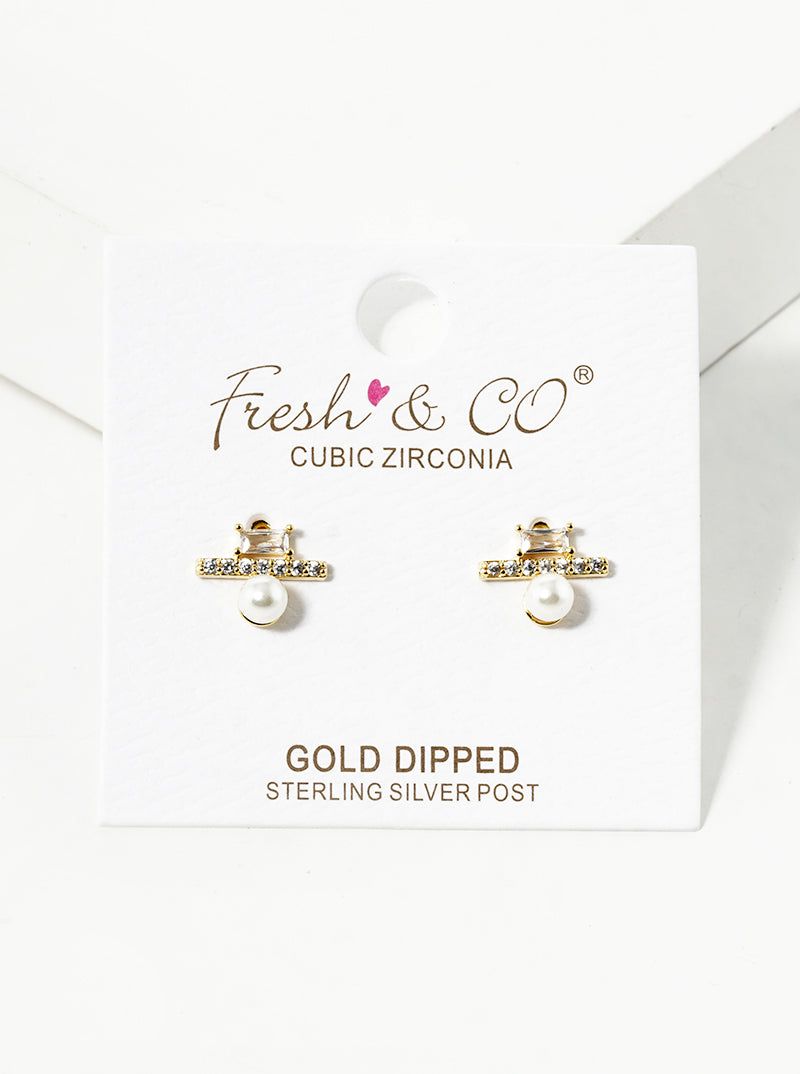 18k Gold Dipped Baguette CZ Pearl Post Stud Earrings