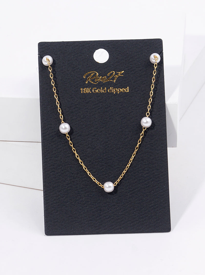 White Gold Dipped Glass Pearl Beaded Station Necklace