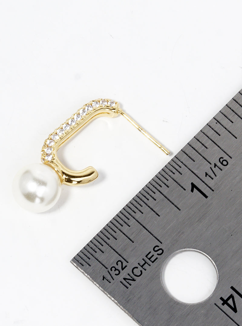 18k Gold Dipped Glass Pearl Drop CZ Pave Open Hoop Earrings
