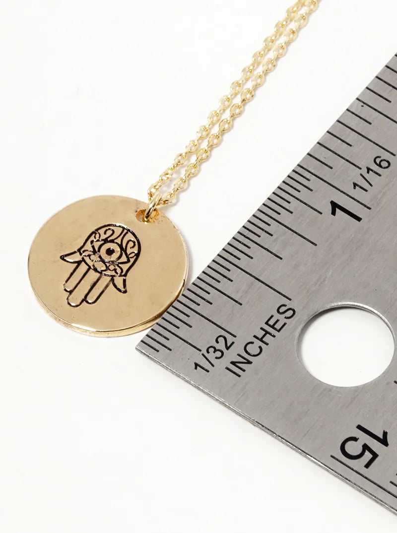 18k Gold Dipped Hamsa Engraved Round Disc Pendant Necklace